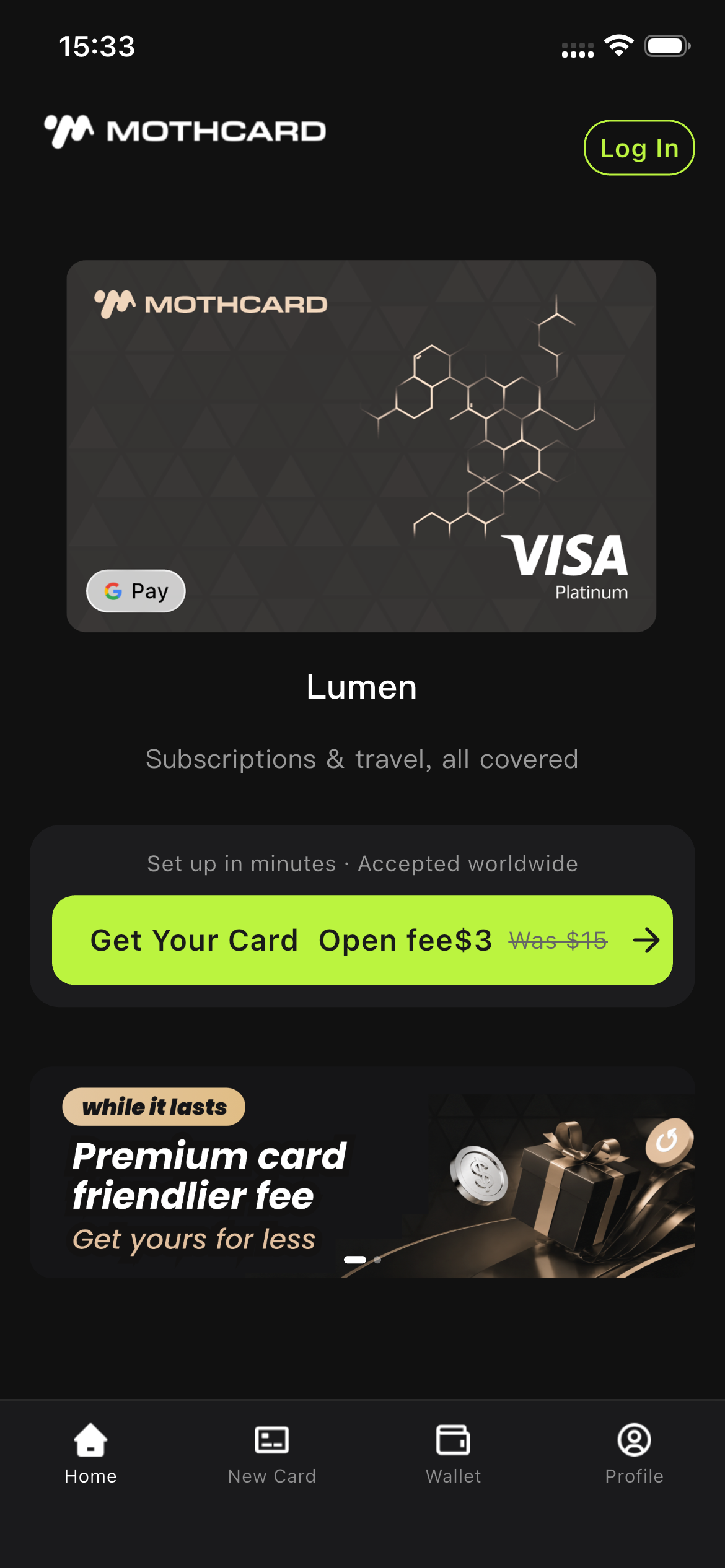 The MothCard app home screen: a card, its name and a button to get a card